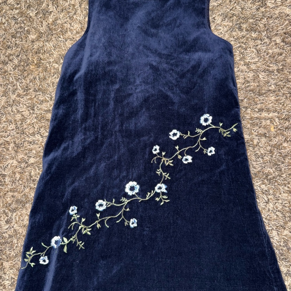 Vintage Navy Blue Velour Dress with Floral Embroidery